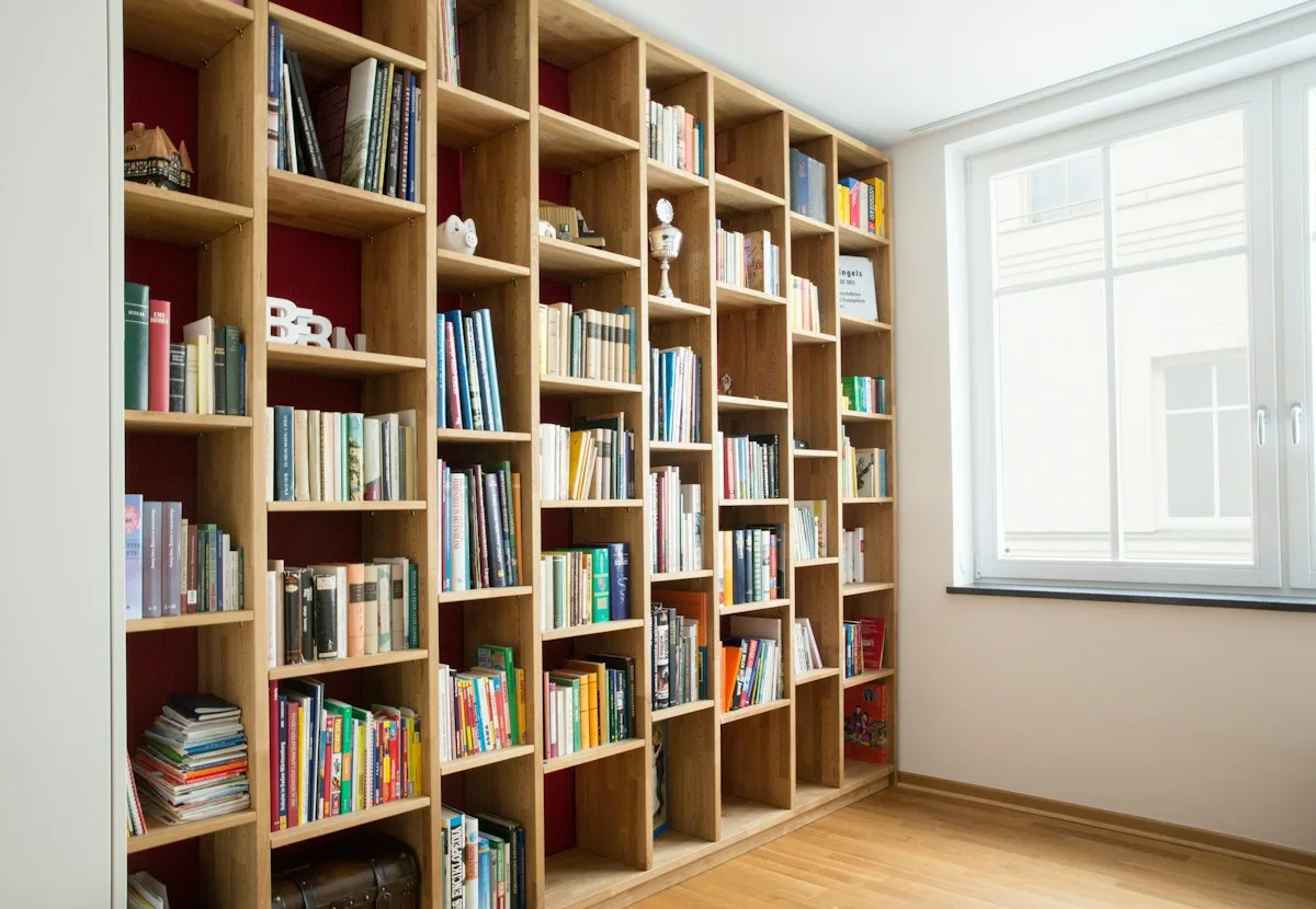 Wooden shelves filled with books beside a bright window.