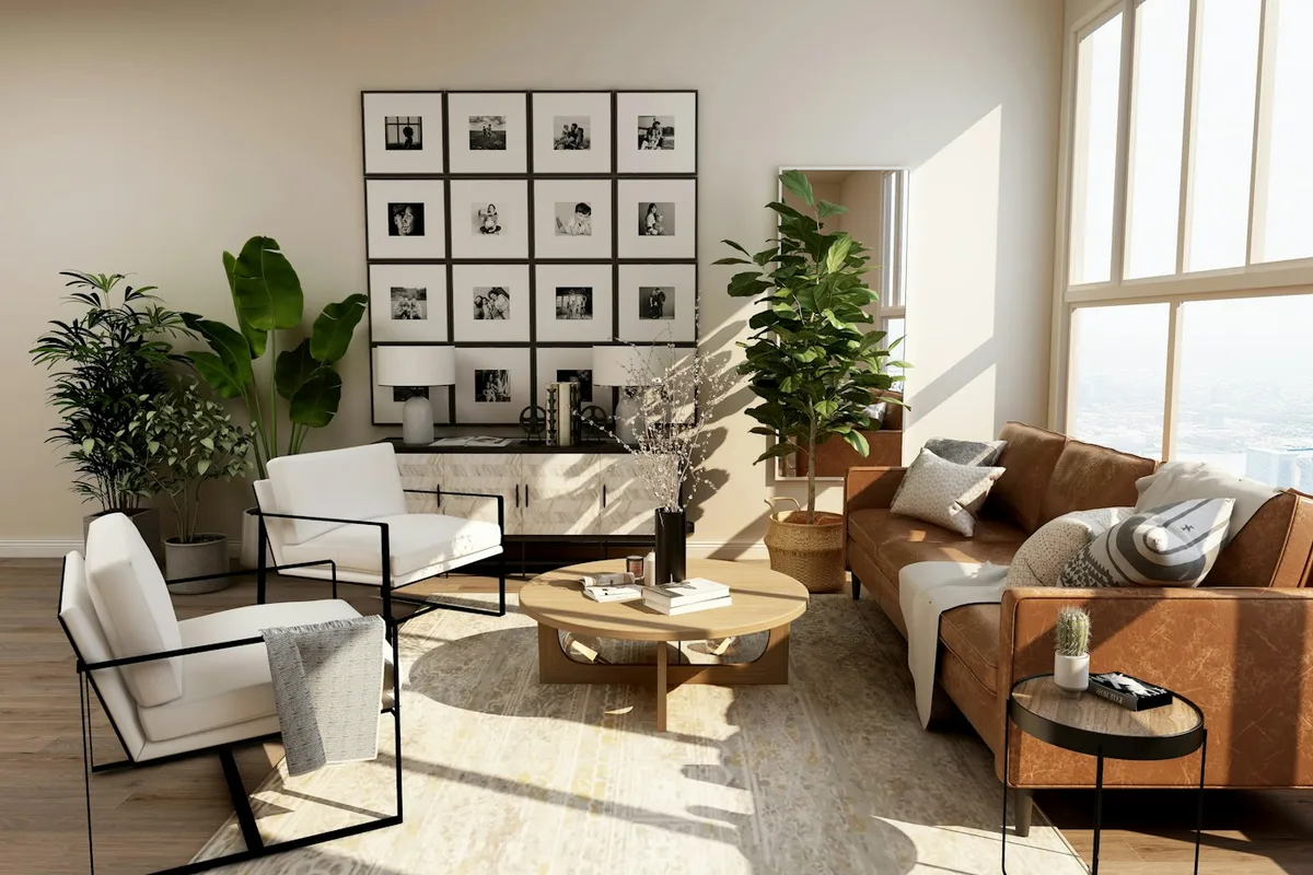 A bright living room with a gallery of framed prints.