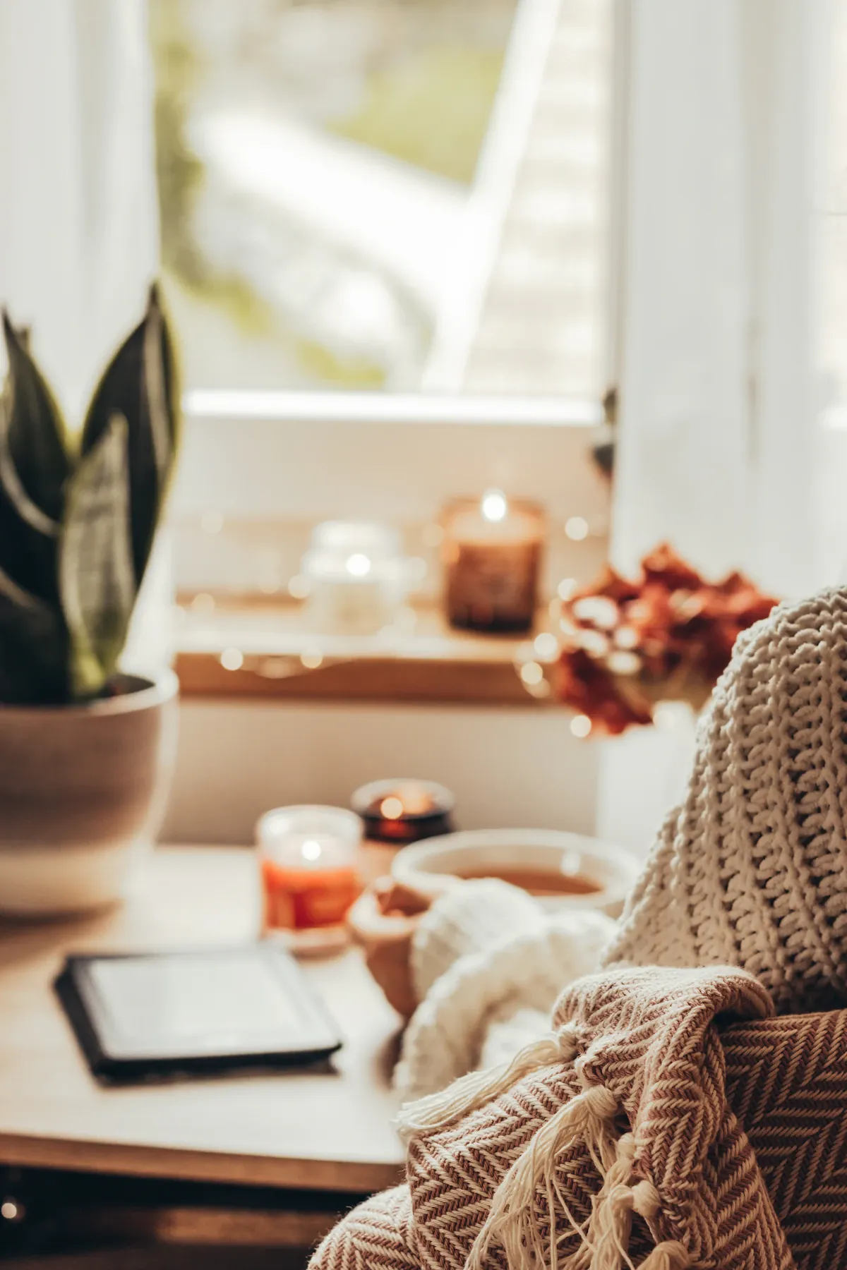 A person in knitwear holding a mug indoors.