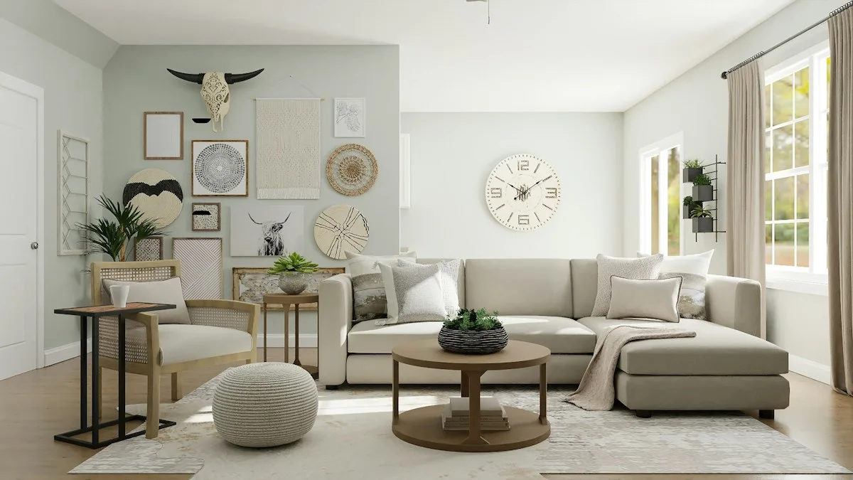 A bright living room with light curtains beside windows.