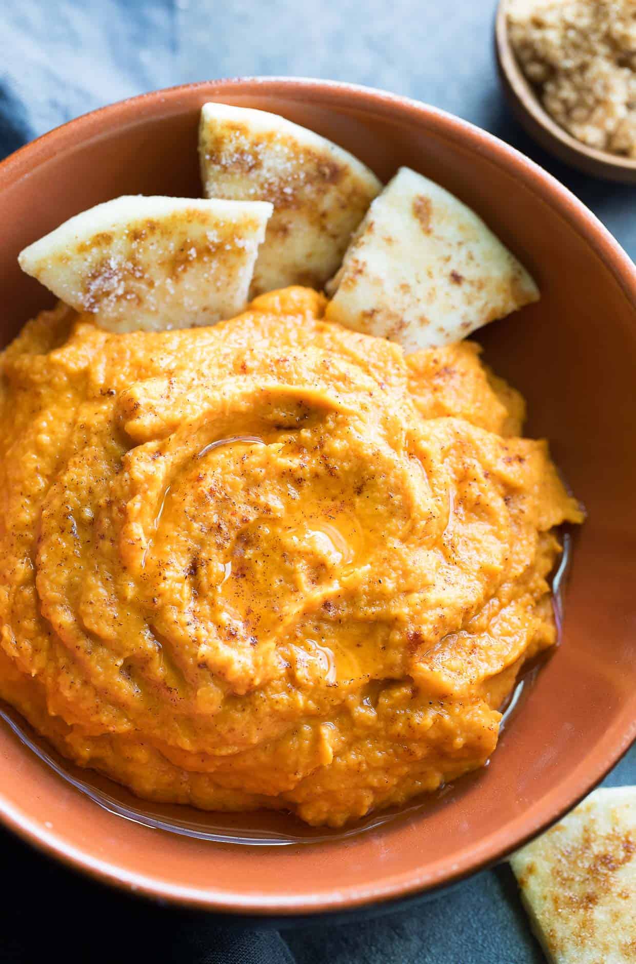 Fall Appetizer Roundup Sweet Potato Hummus with Cinnamon Sugar Flatbread from Jenn at Peas and Crayons