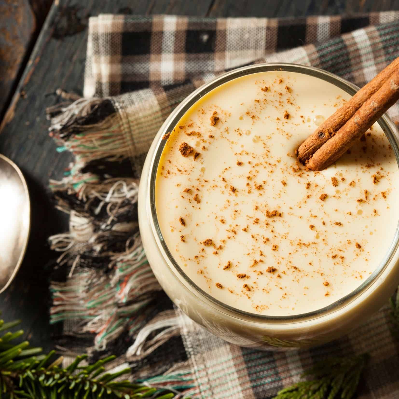 Recipe for eggnog spiked with bourbon.
