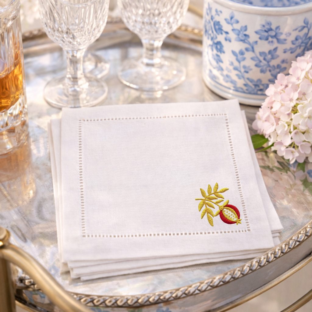 A 6" square hemstitch linen cocktail napkin with a pomegranate stitched in red and gold and placed in the bottom right corner.