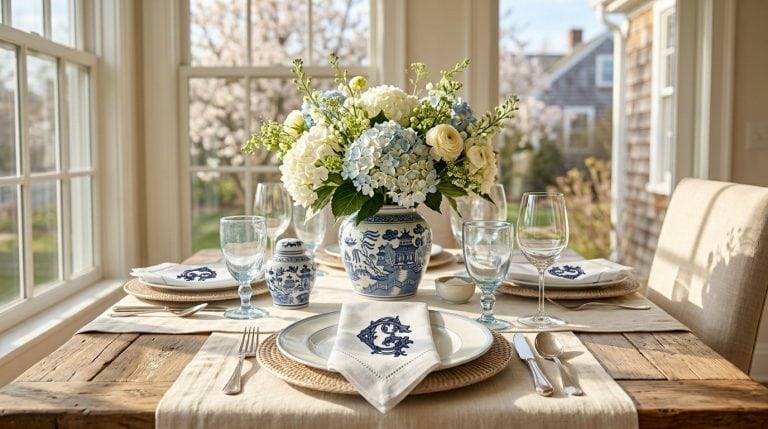 A table set in a nook with windows all around. The table is a lighter wood with woven light brown chargers and white plates. There are embroidered white dinner napkins set on each place with a monogram in blue. There are hydrangeas in a blue chinoiserie vase in the middle of the table.
