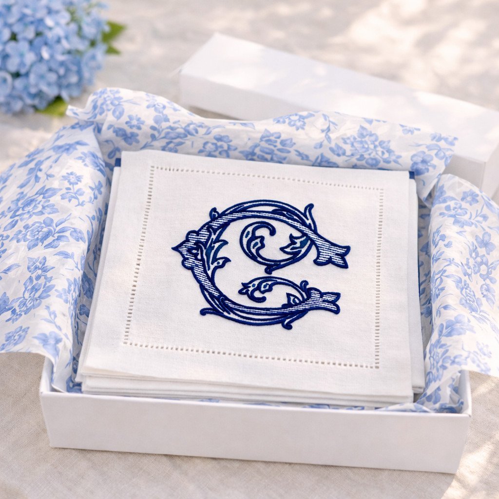 Elegant embroidered napkins with a floral design, perfect for hosting and entertaining guests. These high-quality linens add a touch of sophistication to any table setting.