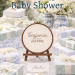 A beautifully embroidered baby name hoop with the name Benjamin Arron is centered on a gift table at a baby shower. Designed and embroidered by Sweet Humble Home